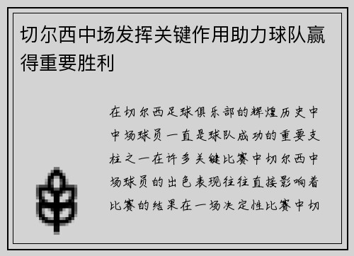 切尔西中场发挥关键作用助力球队赢得重要胜利
